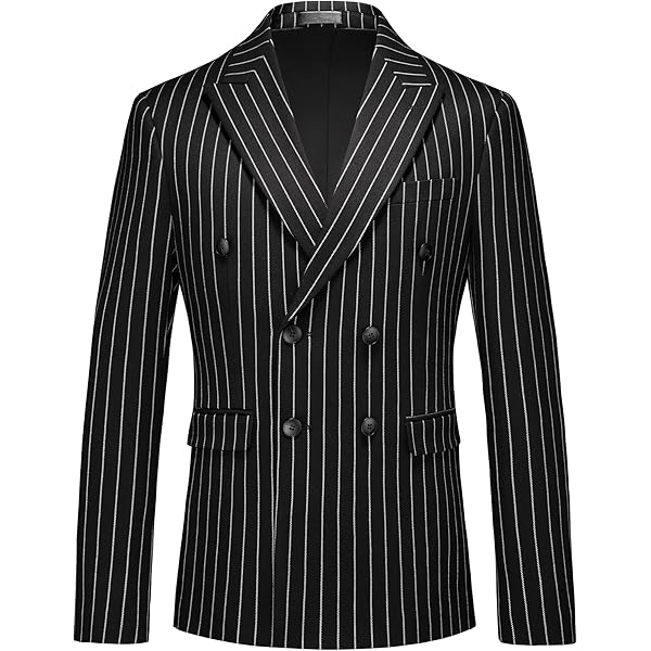 Men's Pinstripe Suit Blazer Slim Fit Double Breasted Jacket